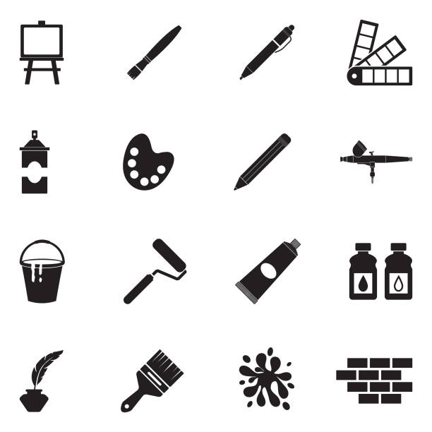 Drawing And Painting Icons. Black Flat Design. Vector Illustration. Painting Equipment, Drawing Tools brick illustrations stock illustrations