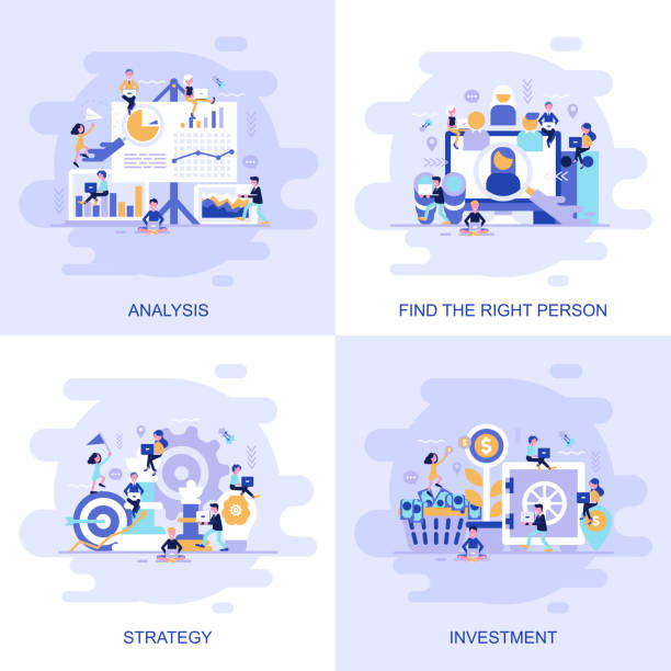 Modern flat concept web banner of Investment, Strategy, Analysis and Find the Right Person with decorated small people character. Modern flat concept web banner of Investment, Strategy, Analysis and Find the Right Person with decorated small people character. Conceptual vector illustration for web and graphic design, marketing. accounting drawings stock illustrations