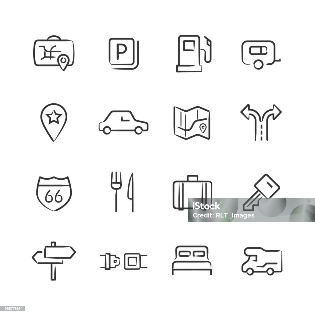 Road Trip Icons — Sketchy Series Professional icon set in sketch style. Vector artwork is easy to colorize, manipulate, and scales to any size. Icon Symbol stock vector