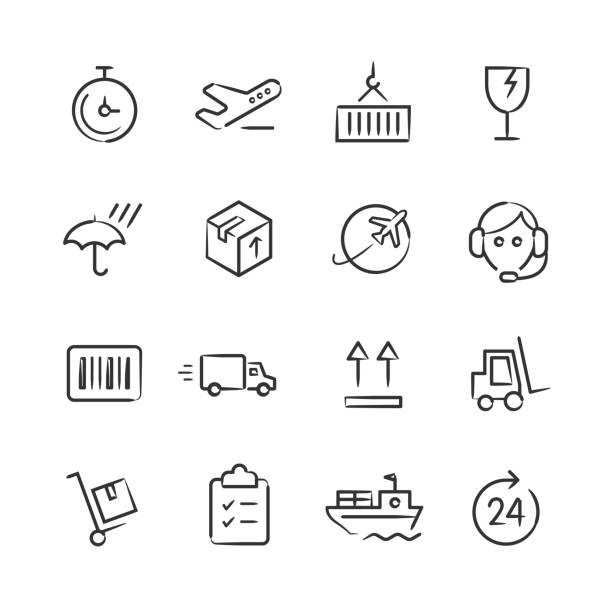 Shipping & Logistics Icons — Sketchy Series Professional icon set in sketch style. Vector artwork is easy to colorize, manipulate, and scales to any size. truck in rain stock illustrations