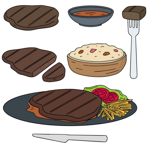 illustrazioni stock, clip art, cartoni animati e icone di tendenza di bistecca - cooked barbecue eating serving