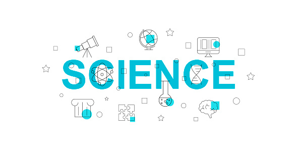Science vector banner. Word with line icon. Vector background