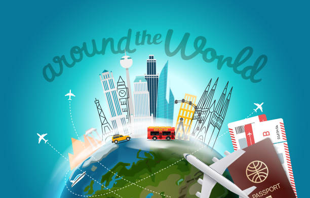 istock Around the wotld concept with logo. Travel destination vector illustration 955777764