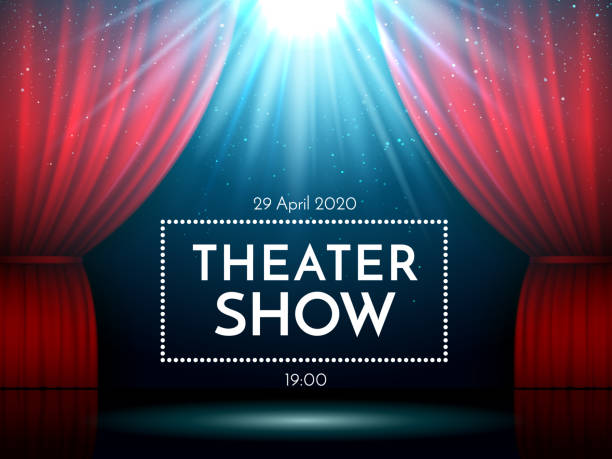 スポット ライトに照らされたステージで赤いカーテンをオープン。劇的な劇場やオペラは、シーンを表示します。パフォーマンス ショーの看板。エンターテイメントのベクトルの背景 - curtain stage theater theatrical performance red点のイラスト素材／クリップアート素材／マンガ素材／アイコン素材