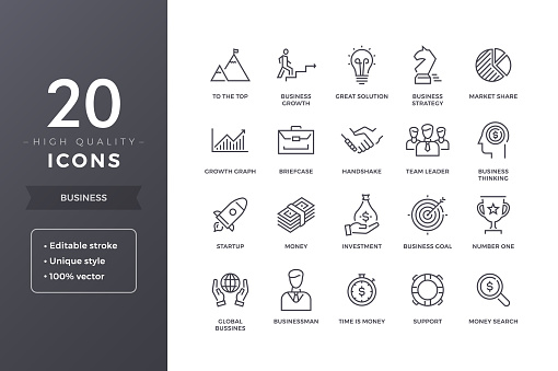 Business line icons. Money and commerce icon set with editable stroke