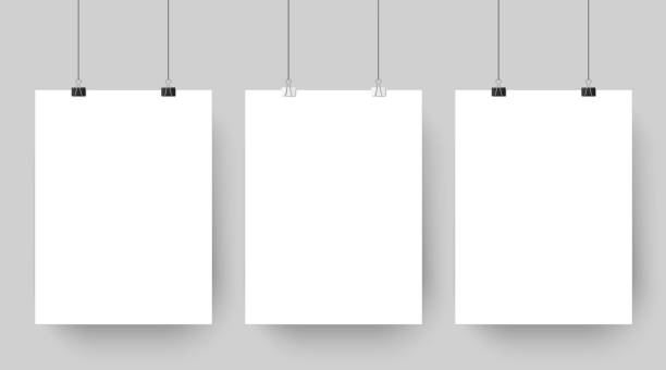 空の貼り紙のモックアップは、ペーパー クリップに掛かっています。白空白の広告ポスターのテンプレートは、灰色の背景のベクトル図に影を落としてください。 - blank canvas点のイラスト素材／クリップアート素材／マンガ素材／アイコン素材