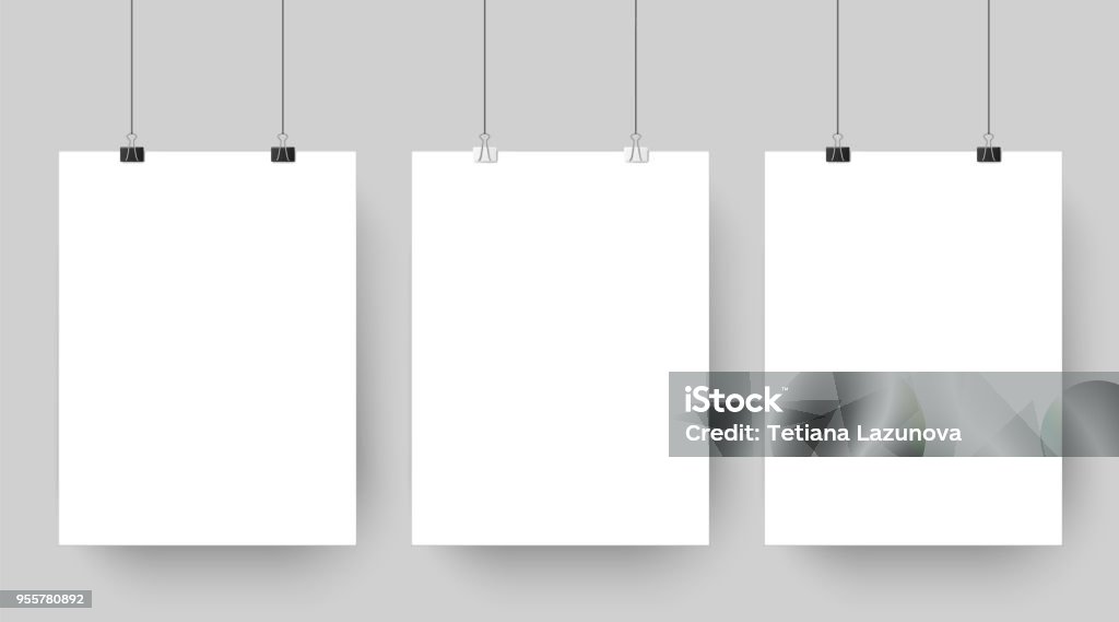 Empty affiche mockup hanging on paper clips. White blank advertising poster template casts shadow on gray background vector illustration Empty affiche mockup hanging on paper clips. White blank advertising poster template casts shadow on gray background. three canvas photo sheets vector illustration Poster stock vector