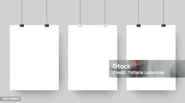 Empty Affiche Mockup Hanging On Paper Clips White Blank Advertising Poster Template Casts Shadow On Gray Background Vector Illustration Stock Illustration - Download Image Now