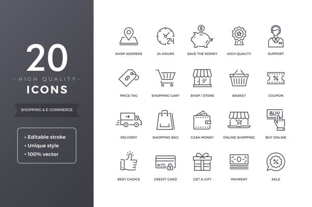 E-commerce Line Icons E-commerce line icons. Shopping and sales icon set with editable stroke e commerce paying buying sale stock illustrations