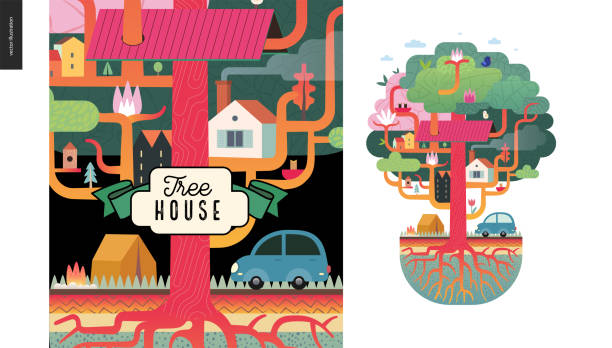 ilustraciones, imágenes clip art, dibujos animados e iconos de stock de concepto de la casa del árbol - birdhouse animal nest house residential structure