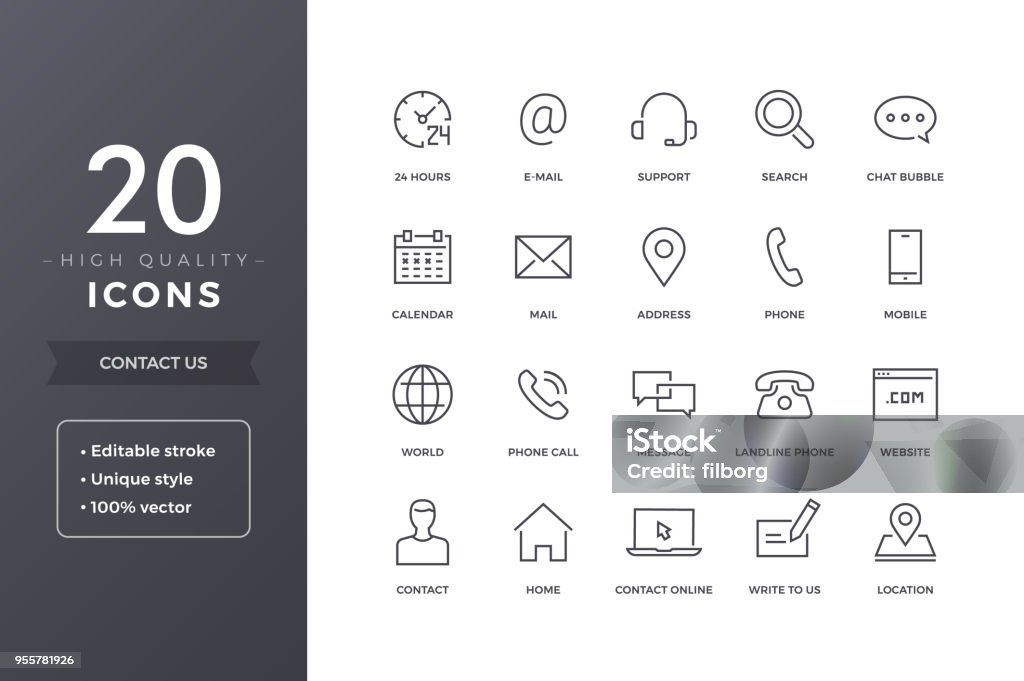 Contact Line Icons Contact us line icons.  Phone, address and mail icon set with editable stroke Icon Symbol stock vector