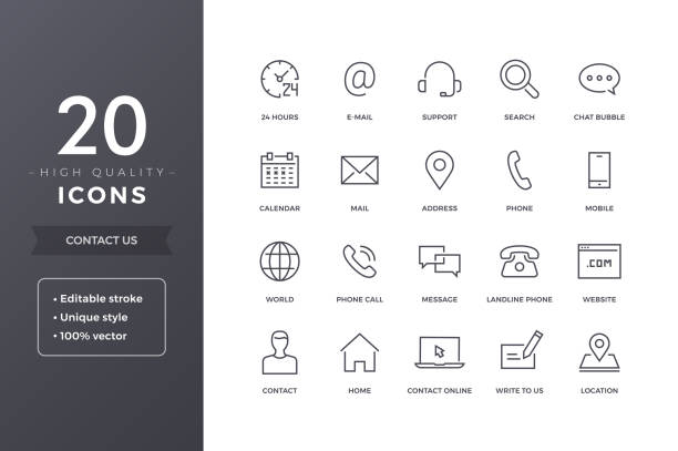 Contact Line Icons Contact us line icons. Phone, address and mail icon set with editable stroke landline phone stock illustrations