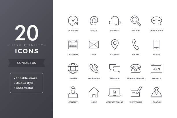 Contact Line Icons Contact us line icons.  Phone, address and mail icon set with editable stroke Set stock illustrations