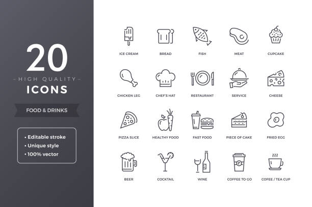 Food Line Icons Food line icons.  Meals and drinks  icon set with editable stroke meat symbols stock illustrations
