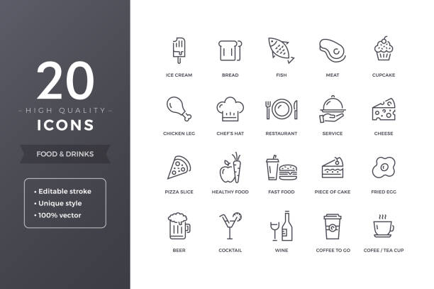 Food Line Icons Food line icons.  Meals and drinks  icon set with editable stroke egg symbols stock illustrations