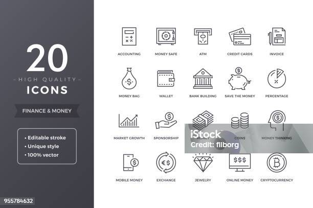 Vetores de Finanças Linha Ícones e mais imagens de Ícone de Computador - Ícone de Computador, Transações Bancárias, Banco - Edifício financeiro