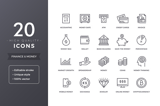 Finance line icons. Money and bank icon set with editable stroke