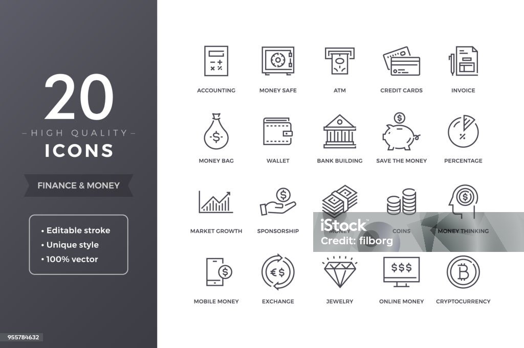 Finance Line Icons Finance line icons. Money and bank icon set with editable stroke Icon Symbol stock vector