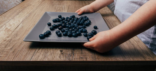 istock small children's hands take a gray plate with blueberries from the table 955788034