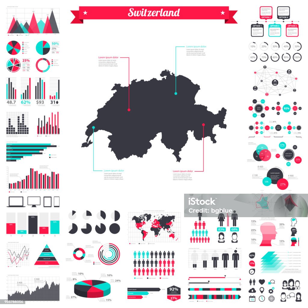 Switzerland map with infographic elements - Big creative graphic set Map of Switzerland with a big set of infographic elements. This large selection of modern elements includes charts, pie charts, diagrams, demographic graph, people graph, datas, time lines, flowcharts, icons... (Colors used: red, green, turquoise blue, black). Vector Illustration (EPS10, well layered and grouped). Easy to edit, manipulate, resize or colorize. Please do not hesitate to contact me if you have any questions, or need to customise the illustration. http://www.istockphoto.com/portfolio/bgblue Diagram stock vector