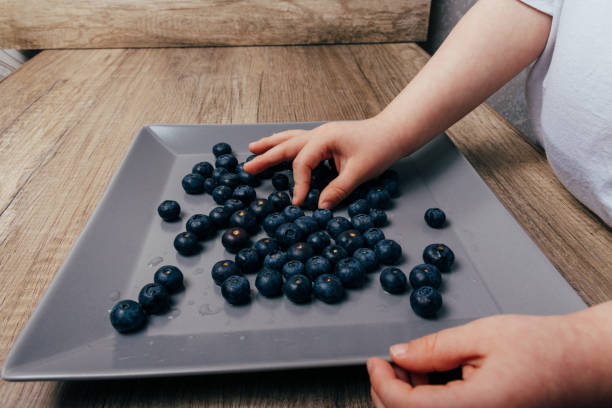 istock Small handles take blueberries from a plate. next to a gray plate on which lies blueberries. proper nutrition. fruit. diet. youth. 955788162