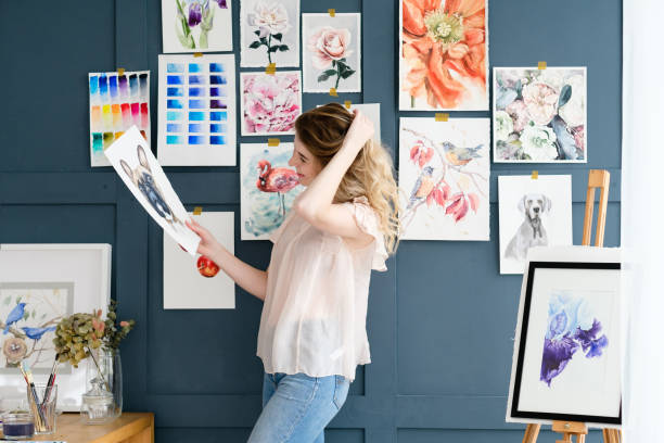art painting skill color swatch watercolor drawing art painting skills. beautiful watercolor drawings collection hanging on the wall. works of a gifted painter. hanging photos stock pictures, royalty-free photos & images