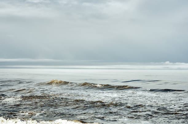 istock Surf waves beach, sea shore, cloudy sky, sunlight 955792594