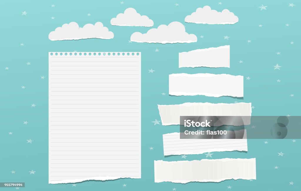 White torn note, notebook paper pieces for text, clouds with stars stuck on blue background. Vector illustration. - Royalty-free Papel arte vetorial