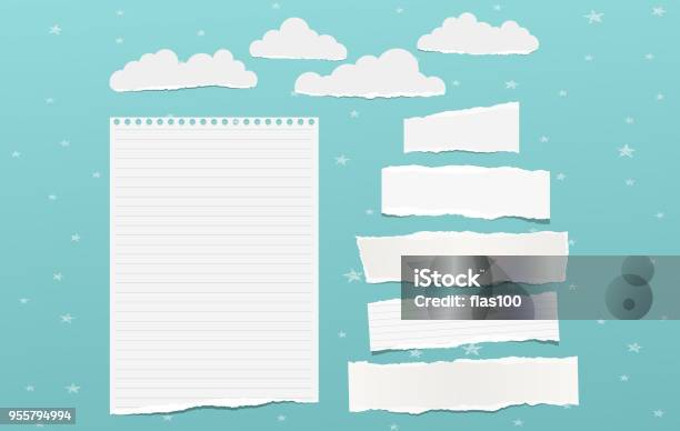 White Torn Note Notebook Paper Pieces For Text Clouds With Stars Stuck On Blue Background Vector Illustration - Arte vetorial de stock e mais imagens de Papel