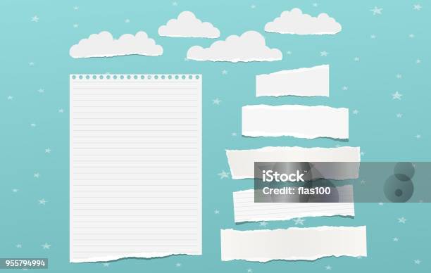 White Torn Note Notebook Paper Pieces For Text Clouds With Stars Stuck On Blue Background Vector Illustration Stock Illustration - Download Image Now