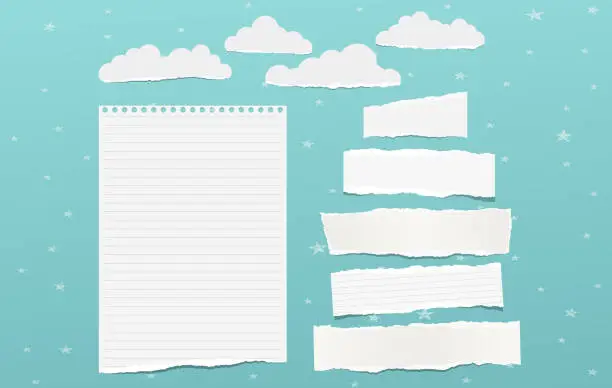 Vector illustration of White torn note, notebook paper pieces for text, clouds with stars stuck on blue background. Vector illustration.