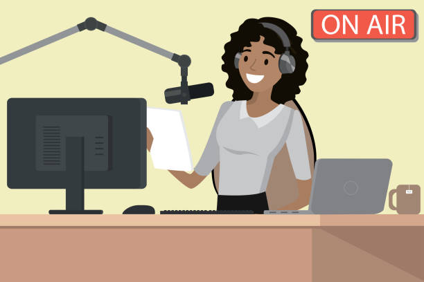 Broadcasting radio host speaks into the microphone on the air, Broadcasting radio host speaks into the microphone on the air,african american female behind a desk,cartoon vector illustration radio dj stock illustrations