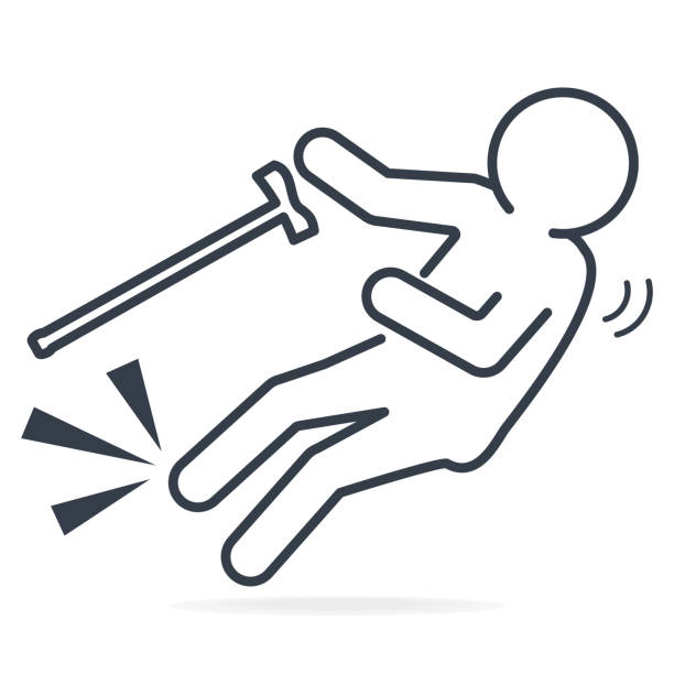 illustrations, cliparts, dessins animés et icônes de personnes âgées avec bâton et feuillet style de lignes d’icône des blessures. symbole de blessures de personnes - falling people tripping senior adult