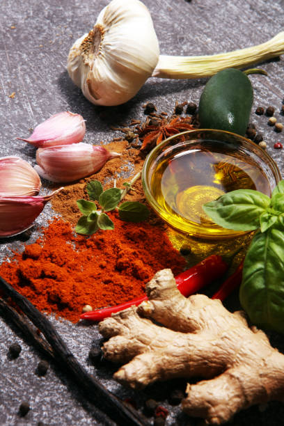 istock Spices and herbs on table. Food and cuisine ingredients. 955800876