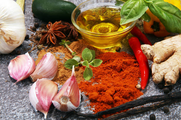 istock Spices and herbs on table. Food and cuisine ingredients. 955800948
