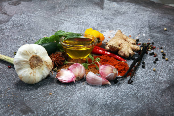 istock Spices and herbs on table. Food and cuisine ingredients. 955801014