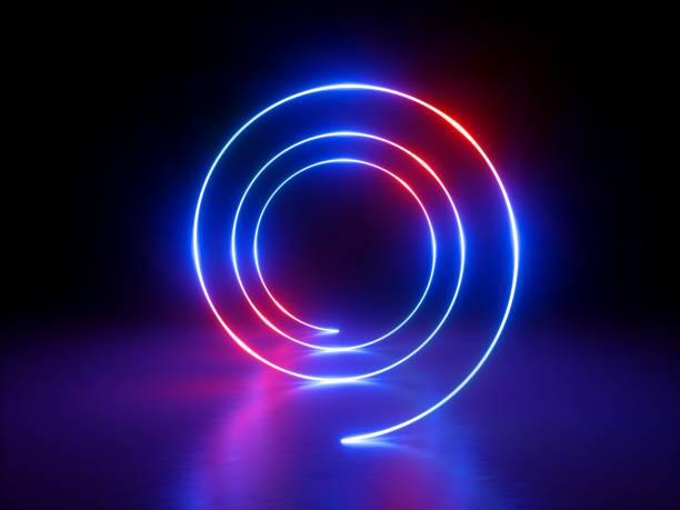 istock 3d render, glowing rings, round lines, tunnel, neon lights, abstract background, circles, red blue spectrum, virtual reality, vibrant colors, laser show 955807436