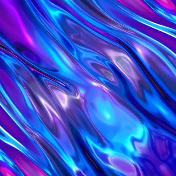Photo of 3d render, abstract background, ultraviolet holographic foil, iridescent blue texture, liquid petrol surface, ripples, metallic reflection, esoteric aura. For creative projects: cover, fashion, web