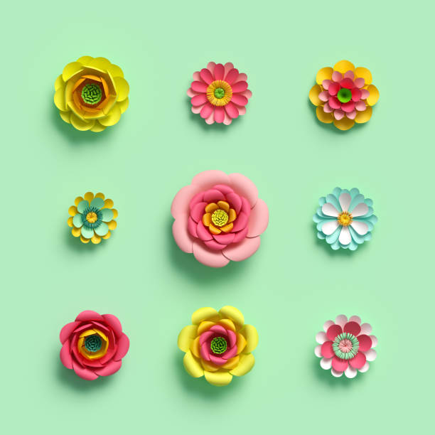 istock 3d render, craft paper flowers, floral clip art set, botanical design elements, bright candy color, isolated on sky blue background, decorative embellishment 955808938