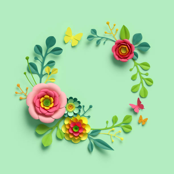 istock 3d render, craft paper flowers, round floral wreath, botanical arrangement, blank space frame, bright candy colors, nature clip art isolated on mint green background, decorative embellishment 955808940
