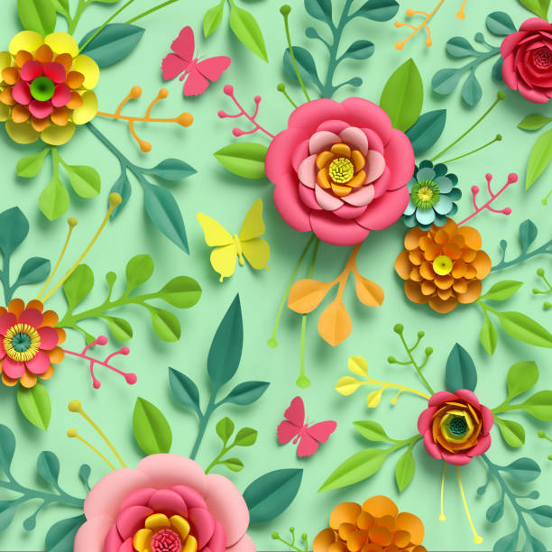 istock 3d render, craft paper flowers, floral pattern, botanical ornament, bright candy colors, nature clip art isolated on mint green background, decorative embellishment 955808976