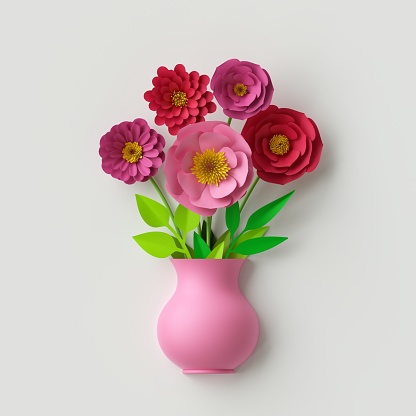 3d render, cute pink vase with colorful paper flowers bouquet inside, isolated on white background, greeting card, handmade decor, craft, decorative floral composition