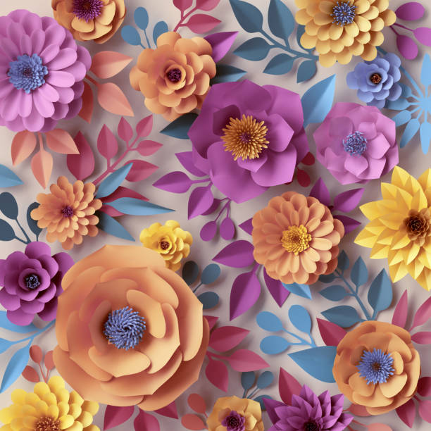 istock 3d render, digital illustration, abstract paper flowers, botanical background, pastel floral wallpaper, quilling craft, handmade festive decoration, vivid floral background, blue pink yellow 955809100