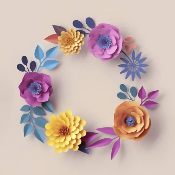 istock 3d render, pastel paper flowers, abstract botanical wreath, round frame, peachy background, quilling craft, festive decoration, rose blue yellow peachy background, invitation, greeting card template 955809122