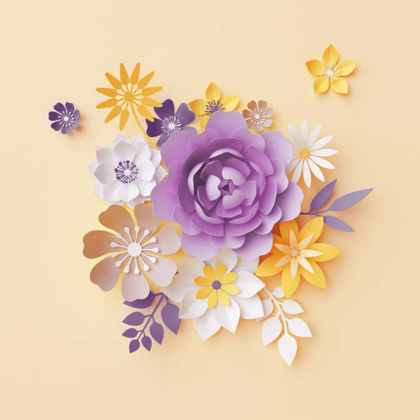 istock 3d render, pastel paper flowers, botanical background, violet rose, peony, yellow daisy, leaves, beautiful bouquet, floral arrangement, nursery wall decor 955809174