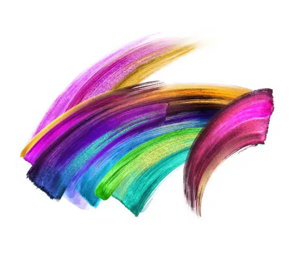 Photo of creative brush stroke clip art isolated on white background, dynamic neon watercolor smear, multicolor paint texture, green blue violet gold pink acrylics, grunge, rainbow