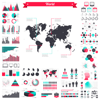 Map of World with a big set of infographic elements. This large selection of modern elements includes charts, pie charts, diagrams, demographic graph, people graph, datas, time lines, flowcharts, icons... (Colors used: red, green, turquoise blue, black). Vector Illustration (EPS10, well layered and grouped). Easy to edit, manipulate, resize or colorize. Please do not hesitate to contact me if you have any questions, or need to customise the illustration. http://www.istockphoto.com/portfolio/bgblue