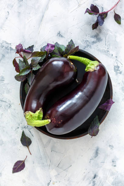 istock Purple aubergines and basil on a wooden plate. 955819458