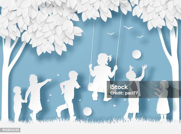 Silhouette Of Happy Children Playing Paper Cut Style Stock Illustration - Download Image Now