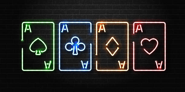 Vector realistic isolated neon sign of playing aces cards for decoration and covering on the wall background. Concept of poker, casino and gambling. Vector realistic isolated neon sign of playing aces cards for decoration and covering on the wall background. Concept of poker, casino and gambling. texas hold em illustrations stock illustrations